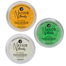 Load image into Gallery viewer, Nayjor Beauty Lip Scrub Trio – Green Apple, Pineapple, and Coconut in 10g jars. Exfoliating and hydrating lip care set for soft, smooth lips.
