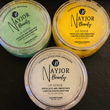 Load image into Gallery viewer, Nayjor Beauty Lip Scrub Trio – Green Apple, Pineapple, and Coconut in 10g jars. Exfoliating and hydrating lip care set for soft, smooth lips.
