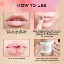 Load image into Gallery viewer, How to use Nayjor Beauty Lip Scrub – Step-by-step guide showing lip scrub application, exfoliation, and rinsing for soft, smooth lips.