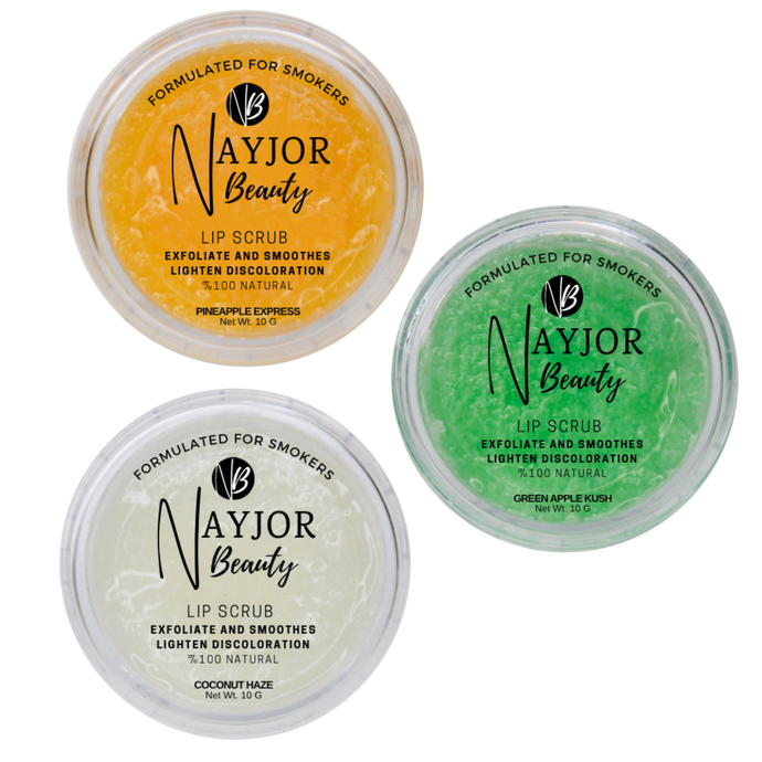 Nayjor Beauty Lip Scrub Trio – Green Apple, Pineapple, and Coconut in 10g jars. Exfoliating and hydrating lip care set for soft, smooth lips.