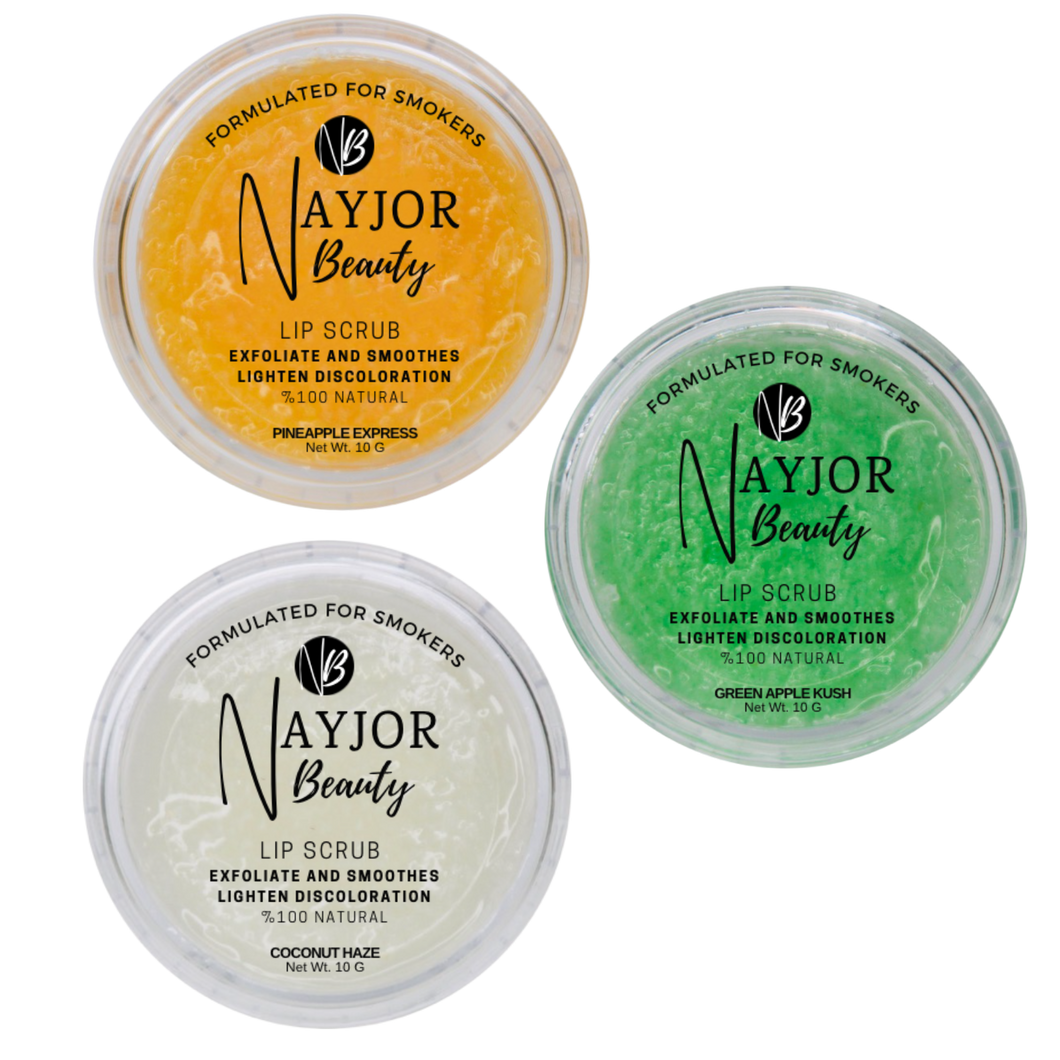 Nayjor Beauty Lip Scrub Trio – Green Apple, Pineapple, and Coconut in 10g jars. Exfoliating and hydrating lip care set for soft, smooth lips.
