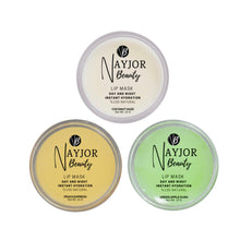 Load image into Gallery viewer, NayJor Beauty Day &amp; Night Lip Mask Trio – Green Apple, Peach Express, and Coconut Haze in 10g jars. Hydrating lip treatment for soft, nourished lips.
