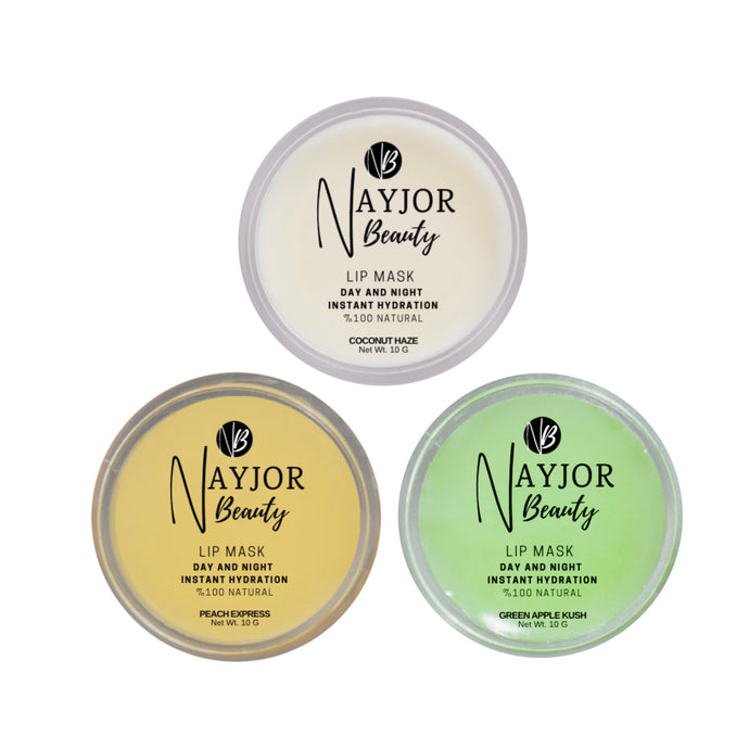 NayJor Beauty Day & Night Lip Mask Trio – Green Apple, Peach Express, and Coconut Haze in 10g jars. Hydrating lip treatment for soft, nourished lips.